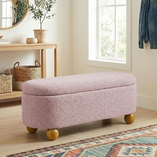 VKNOW 44.8" Storage Ottoman Bench End of Bed Bench, Thickened Upholstered Blanket Chest for Living Room, Entryway Bench with Cute Spherical Solid Wood Stool Legs for Bedroom, Pink