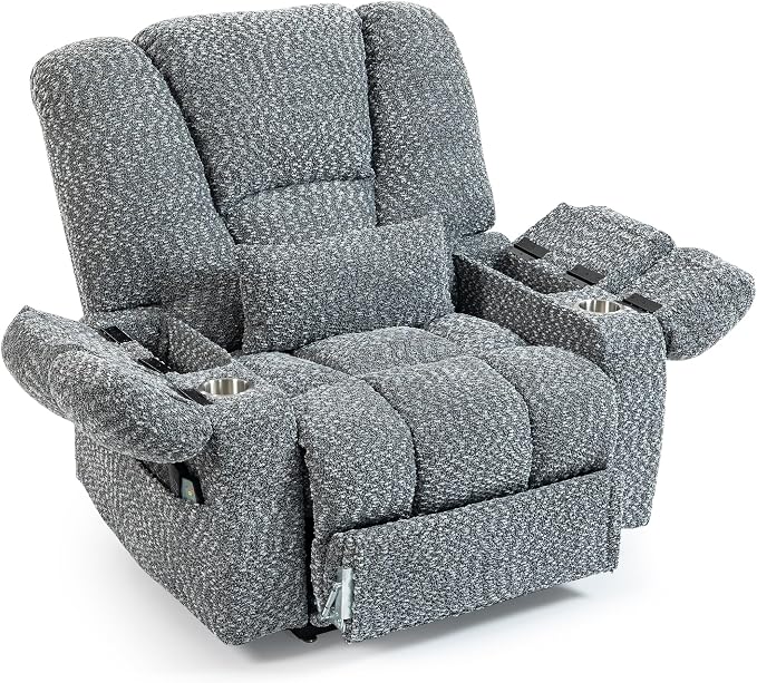 JIKFRIMA Big Man Recliner 500lbs Power Lift Recliner Chair for Big Tall Elderly Adults Oversized Lay Flat Lift Recliner with Extended Footrest,Heat Massage,Flip Arm Storage Cup Holders,USB Type C