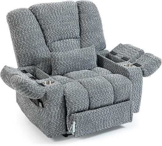 JIKFRIMA Big Man Recliner 500lbs Power Lift Recliner Chair for Big Tall Elderly Adults Oversized Lay Flat Lift Recliner with Extended Footrest,Heat Massage,Flip Arm Storage Cup Holders,USB Type C