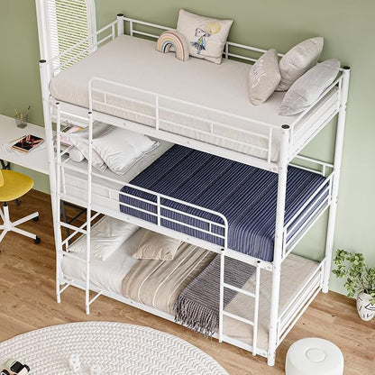 Metal Triple Bunk Bed,Twin Over Twin Bunk Bed for 3, Separates Into 3 Beds with Guardrail and Ladder, Heavy Duty Triple Bed Frame Suitable for Teenager/Adults, No Box Spring Needed(C-White)