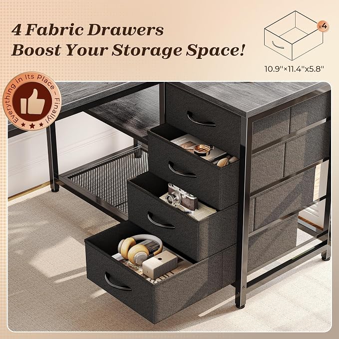 PRAISUN 43.3" Small Computer Desk with Power Outlets & USB-C Port, Reversible L Shaped Corner Office Desk with 4 Fabric Drawers and 2 Adjustable Storage Shelves, for Gaming Writing, Grey