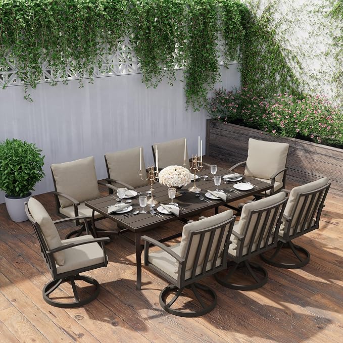 HAPPATIO Aluminum 9 Piece Patio Dining Set, Outdoor Swivel Dining Chairs and Dining Table, Aluminum Outdoor Dining Set for 8, Patio Dining Furniture with Washable Cushions (Black)