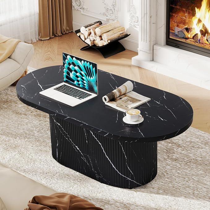 Oval Coffee Table, Modern Faux Marble Wood Coffee Table, Small Fluted Center Tea Table for Living Room, Black