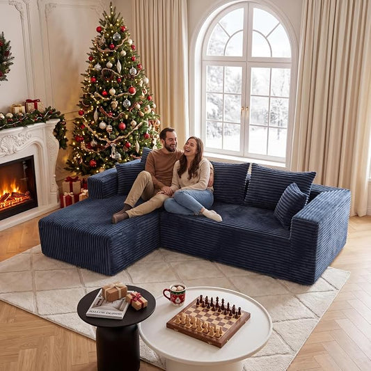 92.5" L-Shaped Sectional Boneless Couches with Chaise, Comfy Modular Corduroy Fluffy Couch with Deep Seat, 3 Seater Cloud Sofa for Apartment Flexible Module Combination for Living Room, No Assembly