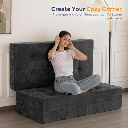 MAXYOYO 6" Folding Sofa Bed for Floor, Tufted Tri-Fold Floor Mattress with Chenille Fabric, Queen Size Portable Sofa Couch Guest Mat for Adults, Foldable Topper for Camping, Dark Grey, 59"x78.7"