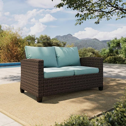 HERA'S HOUSE Outdoor Loveseat Patio Sofa, 2-Seat Wicker Couch with 4" Waterproof Thick Cushions, Deep Seating Furniture for Garden Porch Backyard, Blue