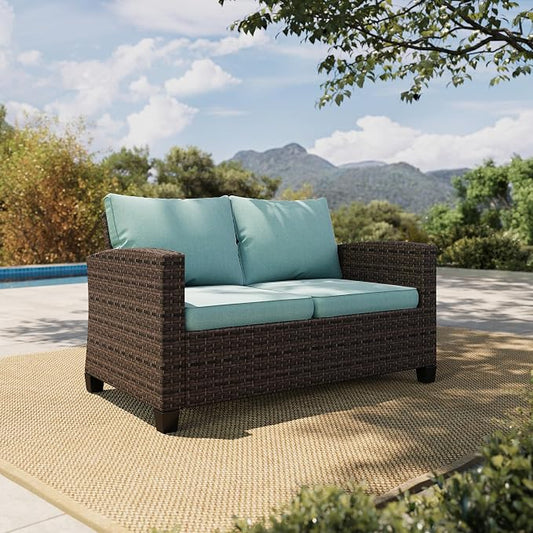 HERA'S HOUSE Outdoor Loveseat Patio Sofa, 2-Seat Wicker Couch with 4" Waterproof Thick Cushions, Deep Seating Furniture for Garden Porch Backyard, Blue