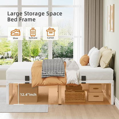 Full Size Bed Frame, 14 Inch Metal Platform Bed Frames with Squeak Free U-Slot Design, 6 Non-Slip Guards, 3500lbs Heavy Duty Steel Slat Support, No Box Spring Needed, Under Bed Storage, White