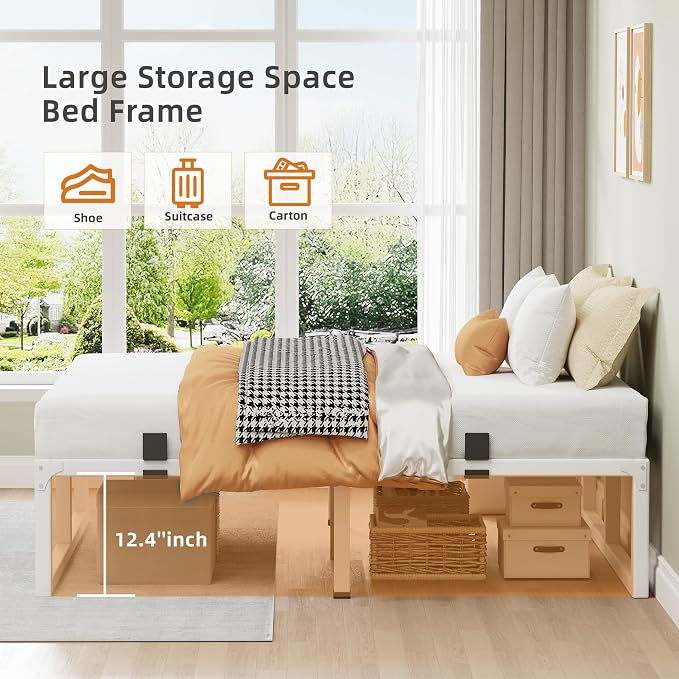 Twin Bed Frames, 14 Inch Metal Platform Bed Frame with Squeak Free U-Slot Design, 6 Non-Slip Guards, 3500lbs Heavy Duty Steel Slat Support, No Box Spring Needed, Under Bed Storage, White