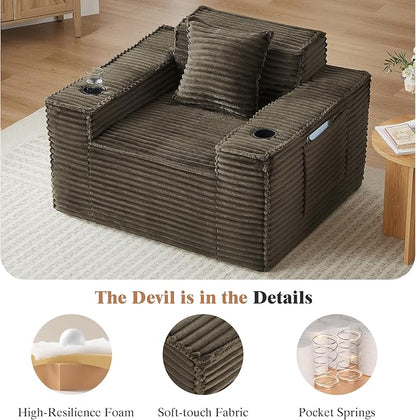3 Pcs Living Room Cloud Sofa Set, Boneless Sofa Couch with Cup Holder and Side Pocket for Compact Living Rooms, Apartments (Brown, Single Chair + Loveseat+ 3 Seat Sofa)