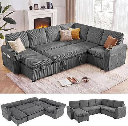 Sectional Sleeper Sofa with Pull Out Bed, Plush Corduroy 7 Seat Modular Sectional Sofa with Storage Chaise and Adjustable Backrest, Cloud Couches for Living Room, Apartment, Smoke Grey