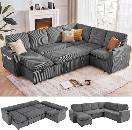 Sectional Sleeper Sofa with Pull Out Bed, Plush Corduroy 7 Seat Modular Sectional Sofa with Storage Chaise and Adjustable Backrest, Cloud Couches for Living Room, Apartment, Smoke Grey