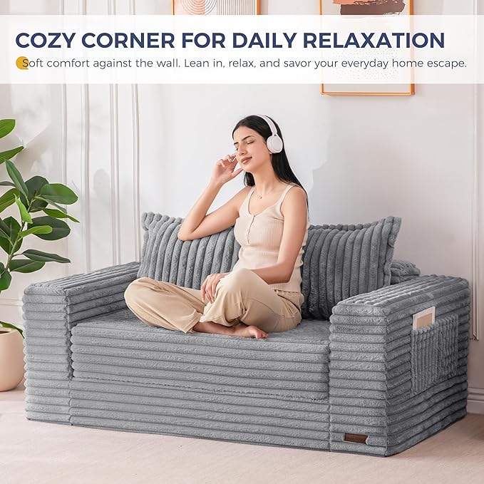 MAXYOYO Convertible Sofa Bed, 2 in 1 Folding Couch Bed for Small Space, Pull Out Loveseat Sofa Couch with Large Back Pillow, Plush Faux Fabric Lounge Couch for Living Room, Apartment, Grey