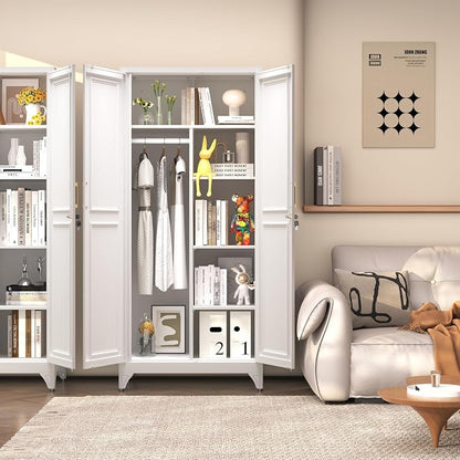 SteeLoong Metal Wardrobe Closet,71" H Wardrobe Cabinet with 2 Doors,White Clothing Storage Cabinets with Hanging Rod and 3 Adjustable Shelves,Armoire Wardrobe Closet for Home Office,School,Gym
