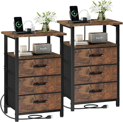 Vagusicc Nightstand Set of 2 with Charging Station, Bedside Table with USB Ports & Outlet, Side End Table with 3 Fabric Drawers & Storage Shelf, Bed Side Table Night Stand for Bedroom, Rustic Brown