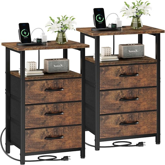 Vagusicc Nightstand Set of 2 with Charging Station, Bedside Table with USB Ports & Outlet, Side End Table with 3 Fabric Drawers & Storage Shelf, Bed Side Table Night Stand for Bedroom, Rustic Brown