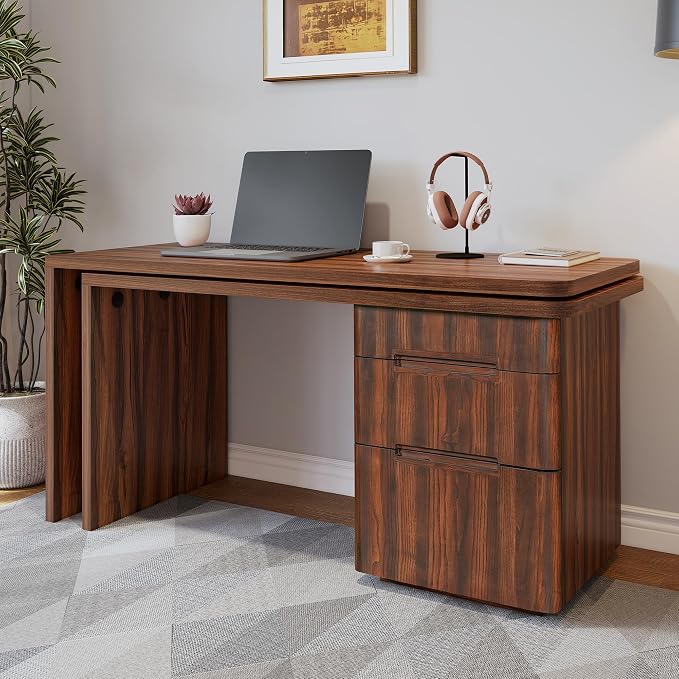 90” Modern L-Shaped Desk with 3 Drawers, 360° Wood Rotating Desk, Workstation for Home Office, Living Room, Walnut