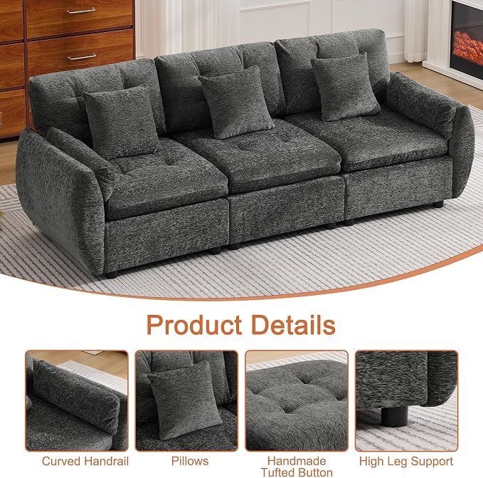 84" Modular Cloud Sofa, Deep Seat Tufted Chenille 3-Seater Sectional Couch with Curved Arms, Comfy Sofas for Living Room, Dark Grey