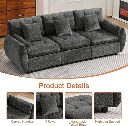 84" Modular Cloud Sofa, Deep Seat Tufted Chenille 3-Seater Sectional Couch with Curved Arms, Comfy Sofas for Living Room, Dark Grey