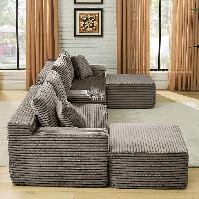 127" U-Shaped Cloud Sectional Couch Oversized Modular Compressed Boneless Sectional Sofa with Ottoman Chaise Lounges & Console, Plush Corduroy Boneless Symmetrical Sofa