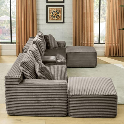 127" U-Shaped Cloud Sectional Couch Oversized Modular Compressed Boneless Sectional Sofa with Ottoman Chaise Lounges & Console, Plush Corduroy Boneless Symmetrical Sofa