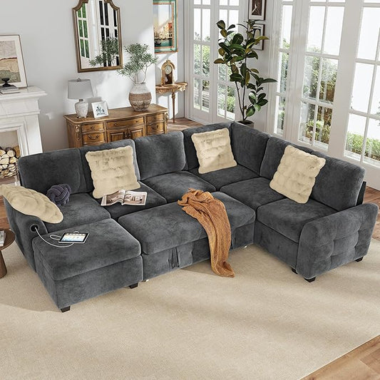Hanherry Sectional Couch with Pull Out Sofa Bed,Chenille Sleeper Sofa with Storage Ottoman & USB Charging,Comfy L Shaped Modular Couches for Living Room,Apartment