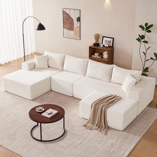Mangodan 140” Cloud Sectional Couch, Modular Sectional Sofa with Deep Seat, Boneless Sofa for Living Room, Fluffy Comfy U-Shaped Couch with Left Facing Chaise, No Assembly Required, Beige