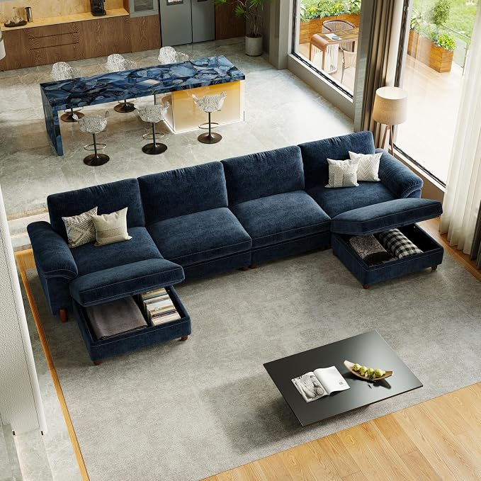 SITJOY Large Cloud Couch, 149" Wide 4 Seater U Shape, Chenille in Navy Blue | Detachable and Washable Chenille Cover Sectional Sofas for Living Room, Deep Seat Wide Couch with Chaise, Storage Ottoman