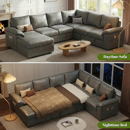 108 Inch Faux Leather Modular Sectional Sofa with Pull Out Bed,U Shaped 7 Seat Sectional Sleeper Sofa with Storage,Sectional Couches for Living Room,Cloud Modular Couch,Gray Leather