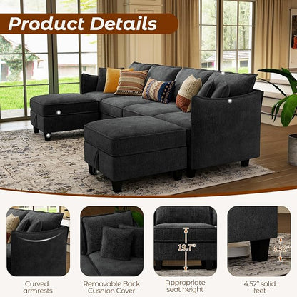 WorthFurni 112" Modular Sectional Sofa U Shape Couches with Storage Ottoman and Washable Cushion Cover for Living Room, Bedroom, Apartment(Black)