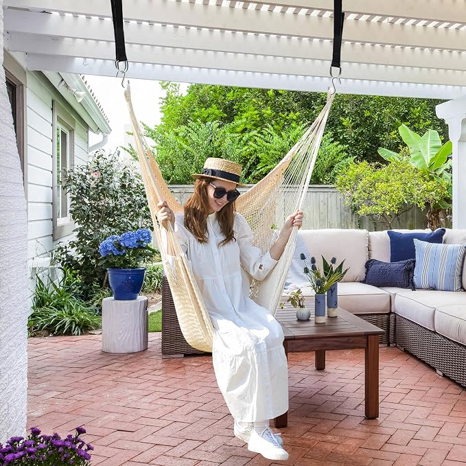 Large Hammock Chair with Hanging Hardware, Caribbean Hammock Hanging Rope Swing Chair No Spreader Bar, XL Hammock Chair Outdoor, Indoor, Bedroom, 330 LBS Weight Capacity, Beige