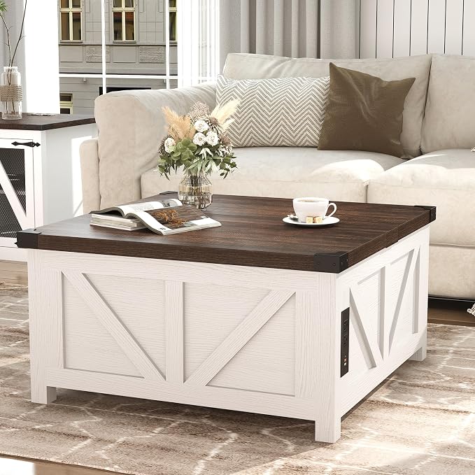 jimeimen Farmhouse Lift Top Coffee Table with Storage, Wood Square Center Table with Charging Station&USB Port, Living Room Table w/Large Hidden Space, for Living Room, Bedroom, Home Office, White
