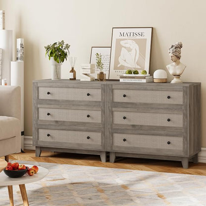Rattan 3 Drawer Dresser for Bedroom, Small Boho Dresser with Wood Handles, Wood Nightstand, 29.52" Wide Modern Dresser, Chests of Drawers for Living Room, Entryway, Hallway, Wood Gray