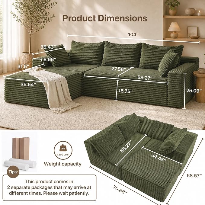 Claiks 104" Boneless Couch, Cloud Couch Sectional, L-Shape Corduroy Modular Sectional Sofa Deep Seat, Upholstered Couches for Living Room, No Assembly Required, Green