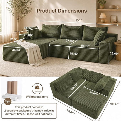 Claiks 104" Boneless Couch, Cloud Couch Sectional, L-Shape Corduroy Modular Sectional Sofa Deep Seat, Upholstered Couches for Living Room, No Assembly Required, Green