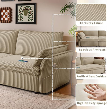 85'' Sofa Bed Full Size, Tool-Free Assembly, 3 in 1 Convertable Sleeper Sofa, Corduroy Couches with Pull Out Bed, USB & Storage, Modern Loveseat for Small Space, Living Room, Corduroy Camel