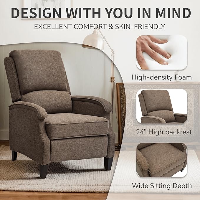 VKNOW Recliner Chair, Fabric Recliner with Soft Armrest, Home Theater Seating with Adjustable Push Back and Lumbar Support, Single Sofa for Adults, Lounge Chair for Living Room, Bedroom（Brown）