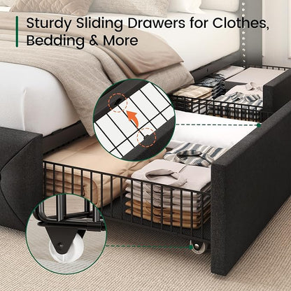 LARMACE King Size Bed Frame with LED Lights and 4 Storage Drawers Linen Upholstered Platform Bed Frame with 47.2" Tall Tufted Headboard Wingback, No Box Spring Needed, Easy to Assemble, Dark Grey