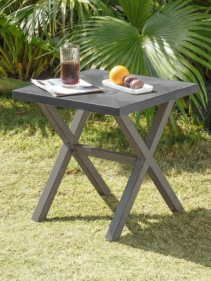 Never-Rust Aluminum Outdoor Side Table, Anti-Rust Outside Patio Side Table with Resin Tabletop, Modern Weather Resistant Square Patio End Table for Yard, Garden, Poolside, Limed Oak