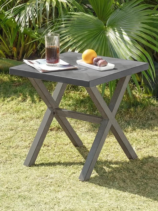 Never-Rust Aluminum Outdoor Side Table, Anti-Rust Outside Patio Side Table with Resin Tabletop, Modern Weather Resistant Square Patio End Table for Yard, Garden, Poolside, Limed Oak