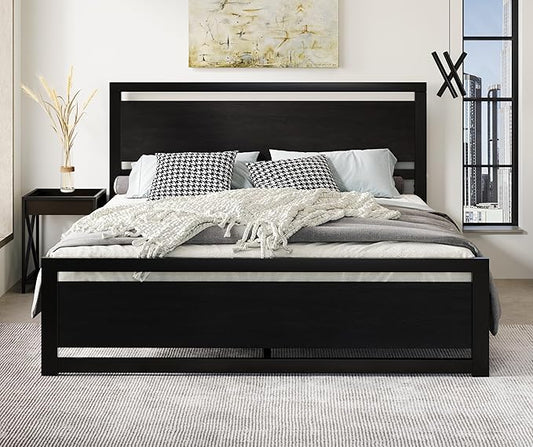 SHA CERLIN Heavy Duty King Size Bed Frame with Modern Headboard, Black | Platform Metal Base with Footboard and 13 Slats Support, No Box Spring Needed