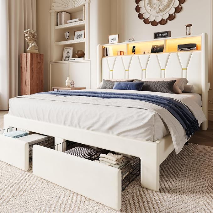 SHA CERLIN Queen Velvet Platform Bed Frame with 2 Storage Drawers, LED Storage Headboard with Charging Station, Upholstered Wingback Headboard, Noise-Free, No Box Spring Needed, Easy Assembly, White