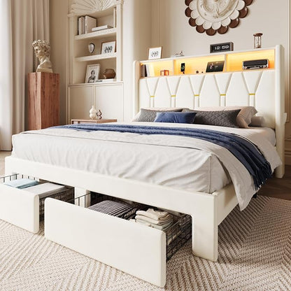 SHA CERLIN Full Velvet Platform Bed Frame with 2 Storage Drawers, LED Storage Headboard with Charging Station, Upholstered Wingback Headboard, Noise-Free, No Box Spring Needed, Easy Assembly, White