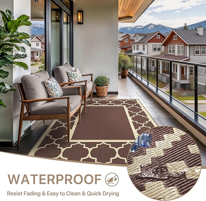 GENIMO 9' x 12' Outdoor Rug Waterproof for Patio Decor, Foldable Reversible Plastic Straw Area Rugs Mat for Camper, Outside Carpet for Rv, Deck, Porch, Picnic, Beach, Balcony, Coffee & Beige