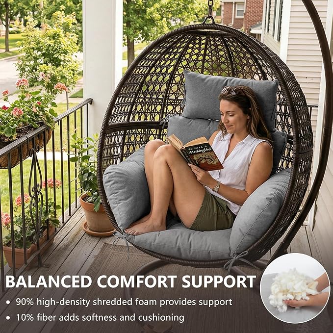 Egg Chair Cushion with 8 Securing Straps, Water-Repellent & Fade-Resistant Faux Linen, Removable Cover, Replacement Cushion for Most Single Outdoor Hanging Swing Egg Chairs – Dark Grey