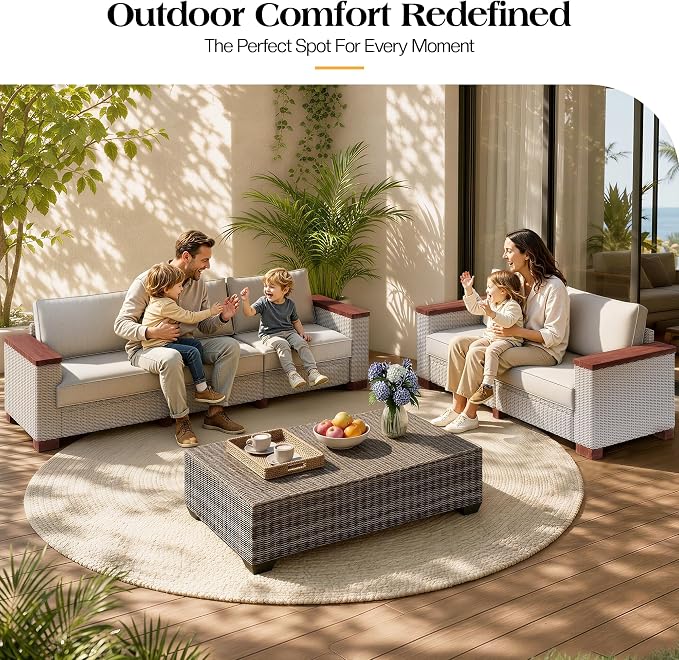 PaPaJet 5-Piece Wicker Patio Furniture Set with Solid Wood Armrest, Outdoor Patio Set with Thick Legs, UV-Resistant Modular Outdoor Sectional Sofa for Backyard, Porch, Garden
