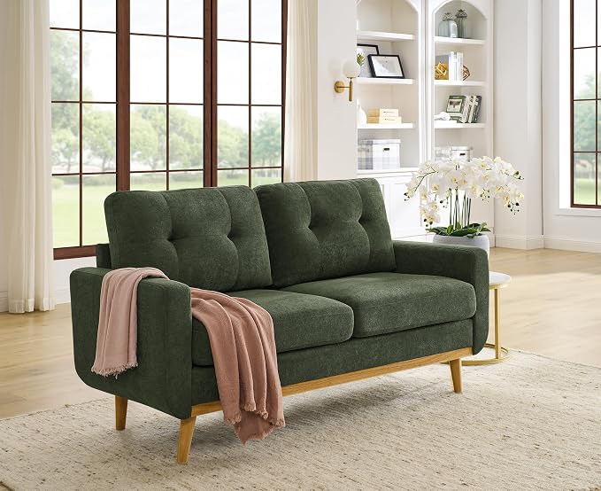 Ball & Cast 67.7" Loveseat Sofa,Mid Century Modern Love Seat Couches for Living Room,Button Tufted Upholstered Small Couch with Solid Wood Legs for Bedroom,Apartment,Office,Easy Assembly,Antique Green