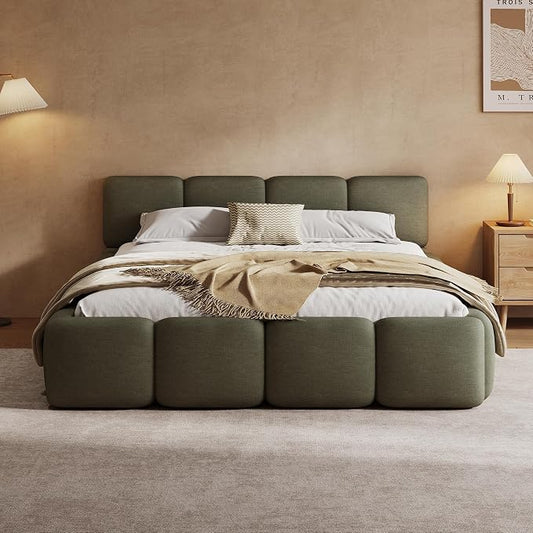Merax Queen Size Boucle Platform Bed with Thick Headboard and Footboard, Block Style Upholstery Grounded Bed Frame, Green