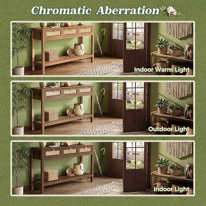 SUPERJARE Rattan Console Sofa Table with Outlets and USB-C Port, 3 Drawer Entryway Table with Synthetic Rattan Surface, Open Shelf, Behind Couch Entry Foyer Hallway Storage, Brown