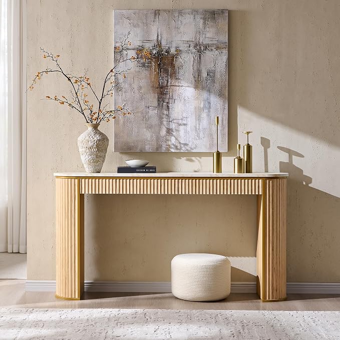 OKD Modern Fluted Console Table, 63" Long Narrow Entryway & Sofa Tables for Hallway, Tall Accent Table Behind Couch for Foyer Living Room, Natural Oak